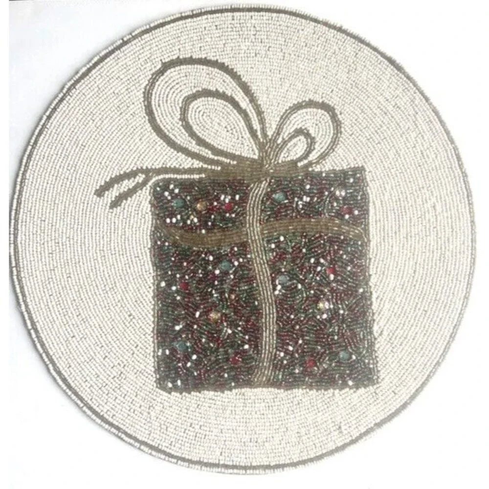 Cynthia Rowley Christmas Beaded Placemat 15” Present Charger Holiday Multicolor